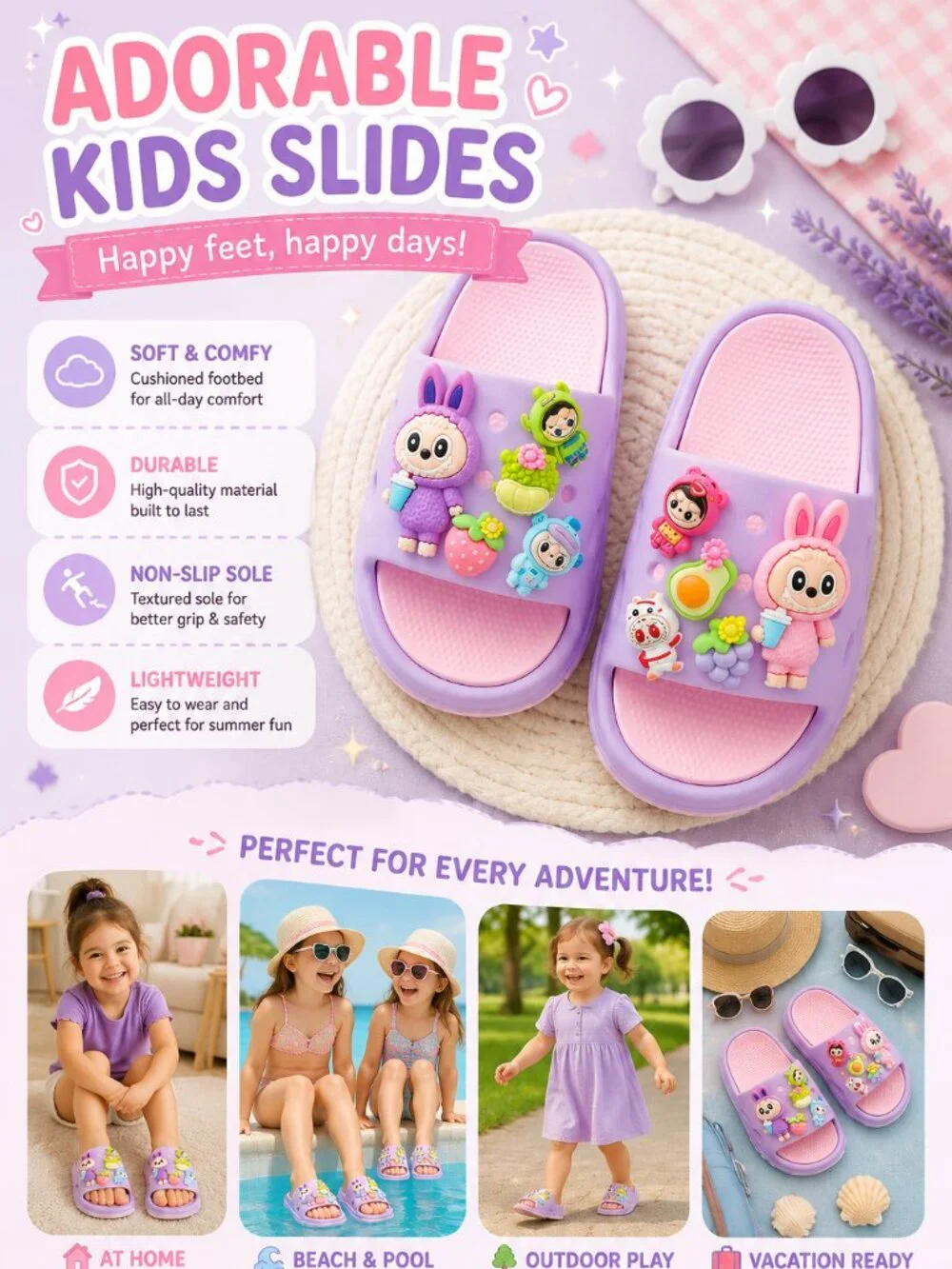 Cute Kids Cartoon Summer Slides Sandals | Kawaii Beach Slippers | Lavender
